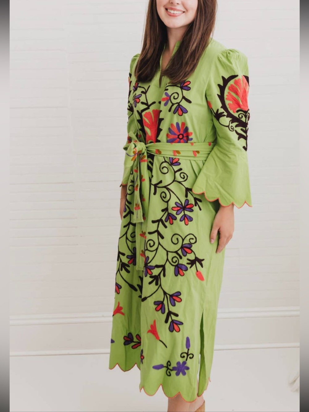 Green Embroidered Floral Tie-Waist Midi Dress
